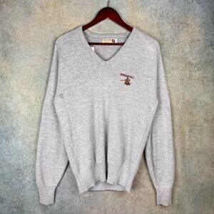 VTG 70s Logo 7 College Knit Sweater Mens Sz L Gray Merchantville V Neck Sports